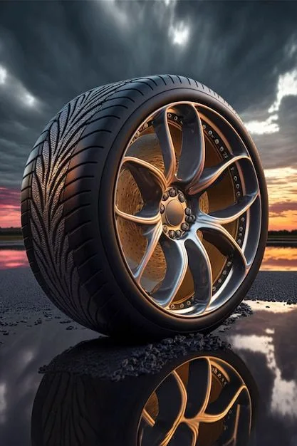 Close-up of a car tyres with tread detail and a reflection of the sky in a puddle of water.